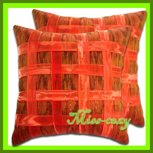 2 THAI SILK CUSHION CASE PILLOW COVER ORANGE RIBBON / 1167