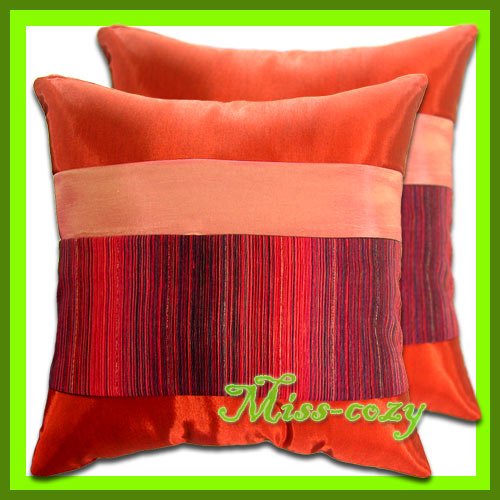 2 THAI SILK CUSHION CASE PILLOW COVER ORANGE/RED / 1189
