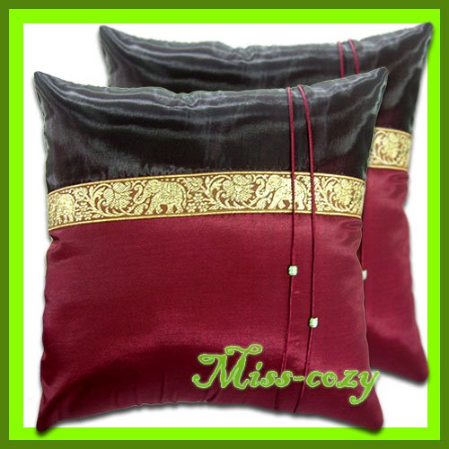 2 THAI SILK CUSHION PILLOW COVER ELEPHANT MAROON / 1130