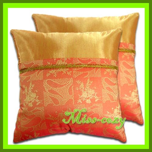 2 THAI SILK CUSHION PILLOW COVER ORANGE FLORAL / 1145