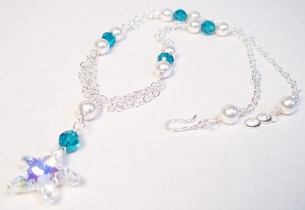 Halia Starfish Necklace in Sterling Silver White Pearls Clear AB Starfish and Blue Zircon crystals