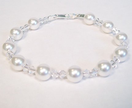 White Pearl and Crystal Clear Crystal Wedding Jewelry Bracelet