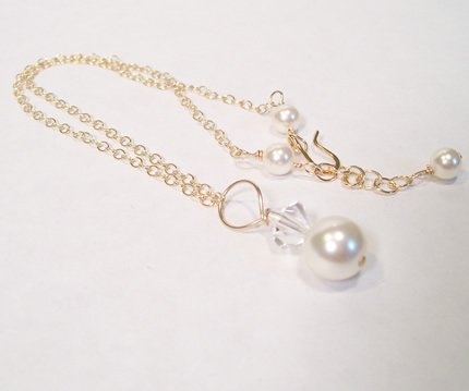 Ivory Pearl and Clear Crystal Pendant Necklace with Gold Filled Chain - Wedding Necklace