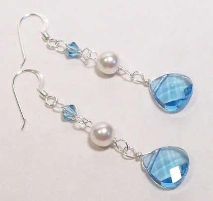 Aquamarine Briolette Teardrop and White Pearl Drop Wedding Jewelry Earrings