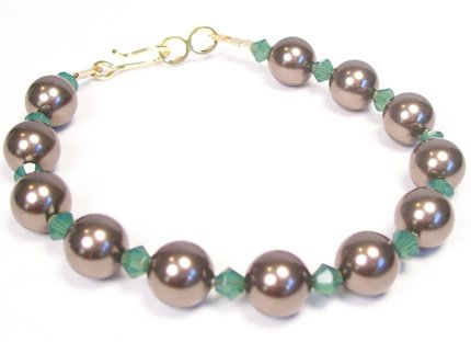 Palace Green Opal and Brown Pearl Single Strand Bracelet - Gold Hook and Eye Clasp