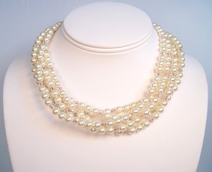 Five Strand Ivory Pearl and Silk (lt peach) Crystal Necklace with Extender Chain