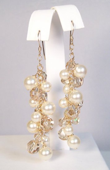 Harlow Gold Filled Earrings with Ivory Pearls and Golden Shadow Crystals - Wedding earring jewelry