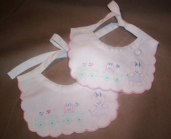 2 white Cotton Embroidered Baby Girl Bibs