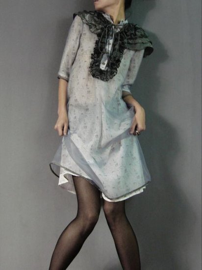 Special Shoulder Design Gray Gauze Dress