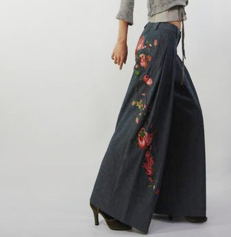 Jeans Material Floral Embroidery Pants Loose Style