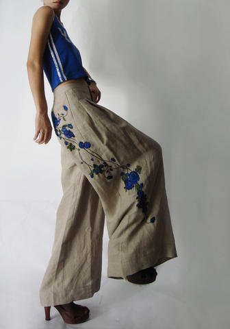 Linen Wide Leg Pants Blue Flowers