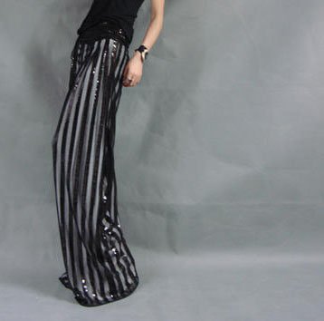 Black and White Straps Loose Pants Beads Decors