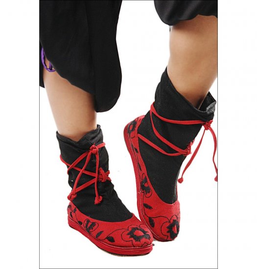 Black and Red Strapping Fabric Shoes