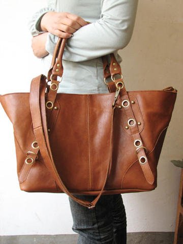 Tri-use Brown Color Large Tote/Shoulder/Hip Bag Genuine Leather
