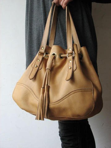 Tan Color Large Band-Tighten Style Genuine Leather Handbag