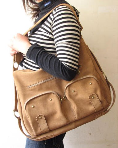 Light Tan Color Shoulder or Hip Leather Bag Extensive Straps