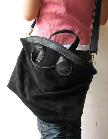 Large Black Color Suede Leather Bag