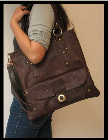 Dark Brown Color Shoulder or Tote Leather Bag Detachable Strap