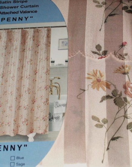 Pink Floral Fabric Shower Curtain Satin Stripes