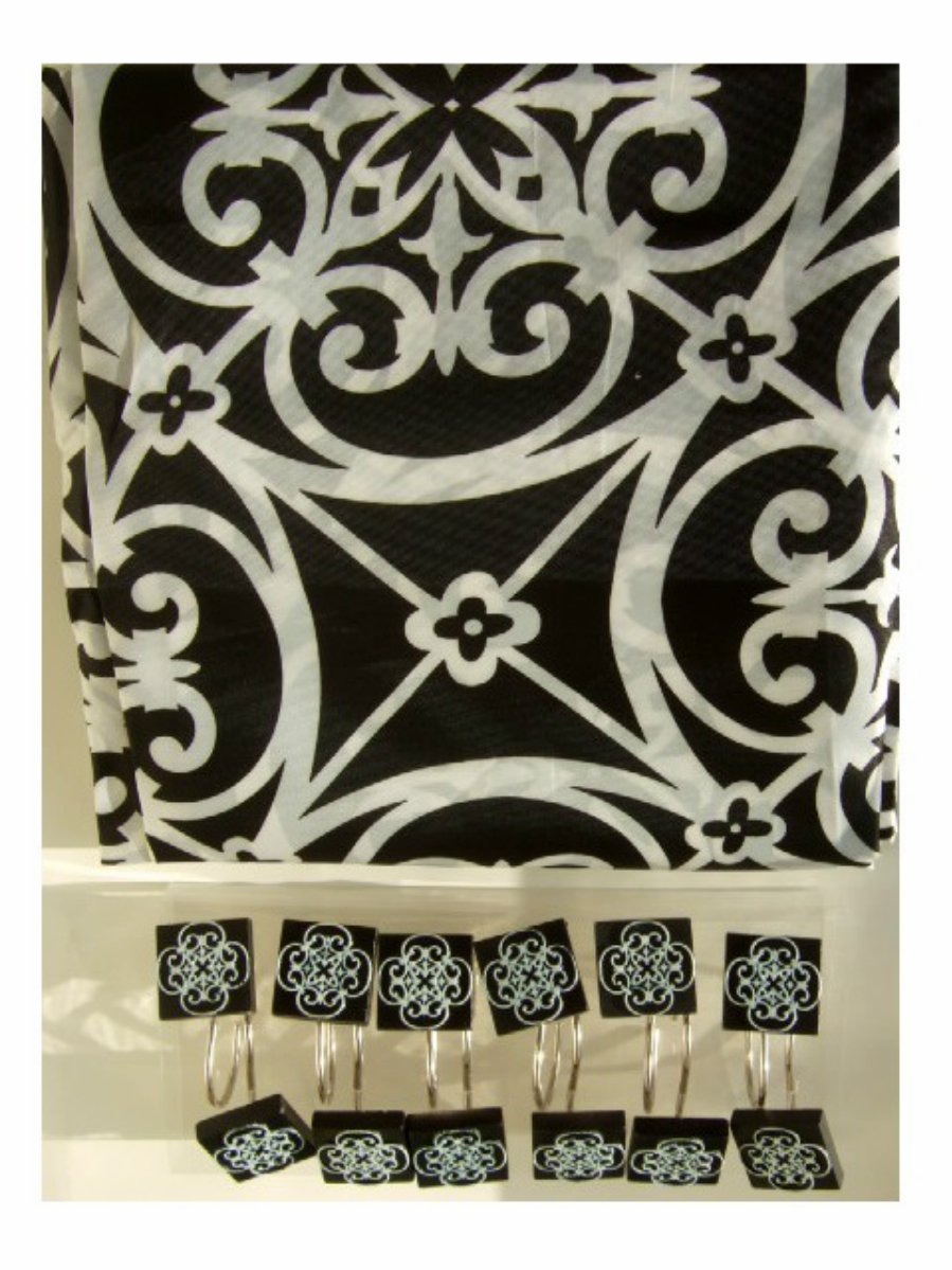 Black White Shower Curtain and Rings Floral Scroll