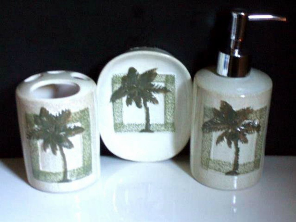 Tropical palm trees bath accessories set soap dish lotion dispenser toothbrush holder