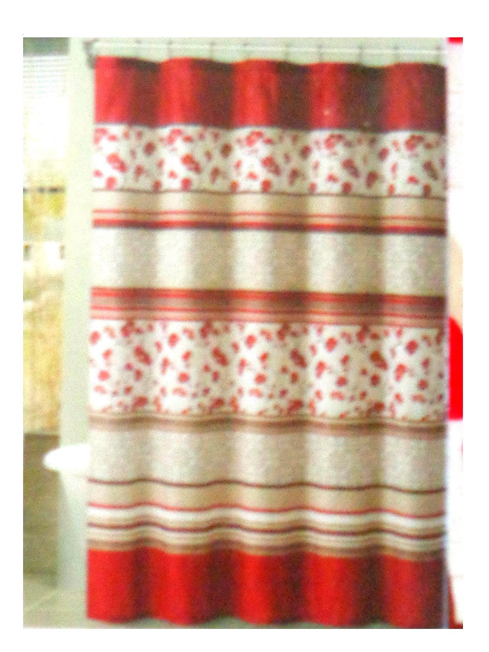 Red Floral Striped Fabric Shower Curtain
