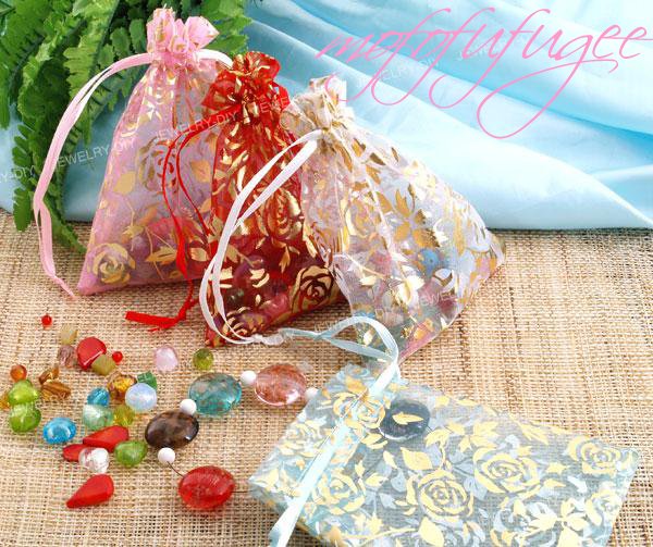 SMALL Rose Flower Gold Drawstring Organza Bag - $1 each