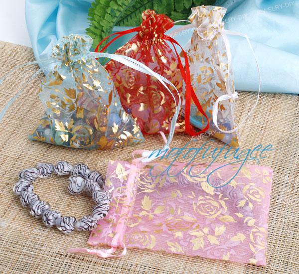BIG Rose Flower Gold Drawstring Organza Bag - $3 each