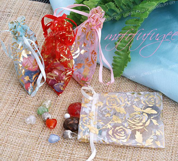 MEDIUM Rose Flower Gold Drawstring Organza Bag - $2 each