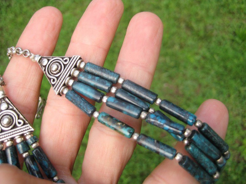 925 Silver Natural Tibetan Turquoiuse stone Necklace Jewelry art Nepal A16