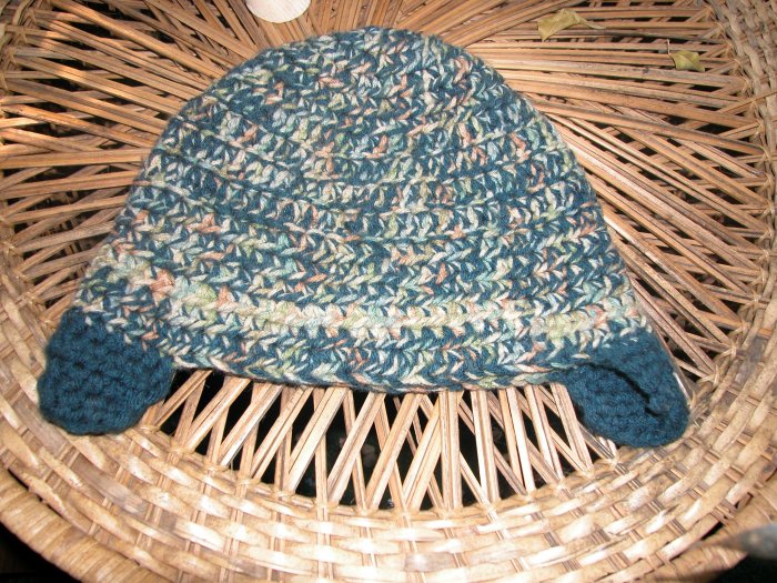 mixed blue toboggan with ear flaps