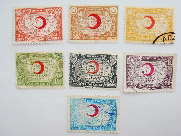 Vintage Turkish Red Crescent Donation Stamps 7 in different color and denomination collectible