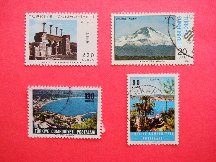 Vintage Turkish Postage Stamps 4 different cities depicted collectible Stamped