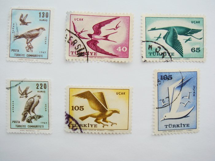 Vintage Turkish Postage Stamps 6 different bird images collectible Stamped