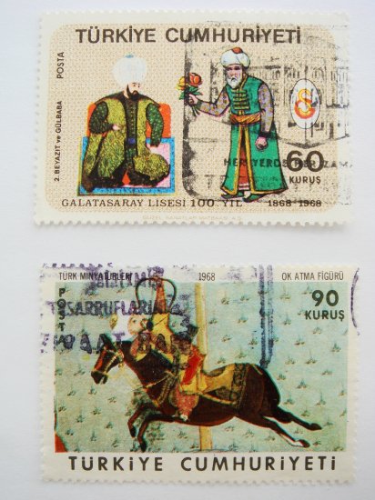 Vintage Turkish Postage Stamps 2 different miniature painting images collectible Stamped