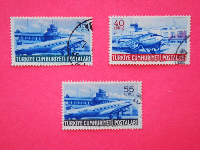 Turkish Postage Stamps 3 airplane airport subject depicted in blue collectible vintage Stamped