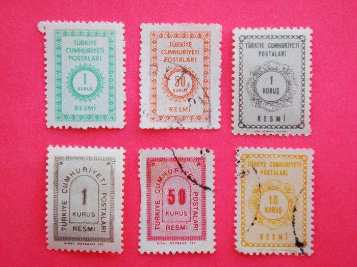 Turkish Government Official Stamps 6 in various colors and value collectible vintage
