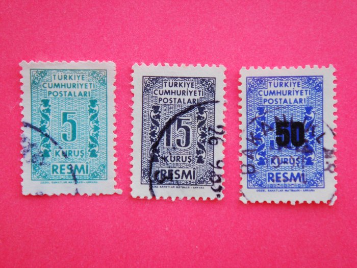 Turkish Government Official Stamps 3 in different colors and value collectible vintage