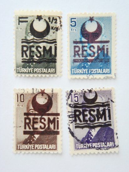 Turkish Government Official Stamps 4 in different colors and value collectible vintage