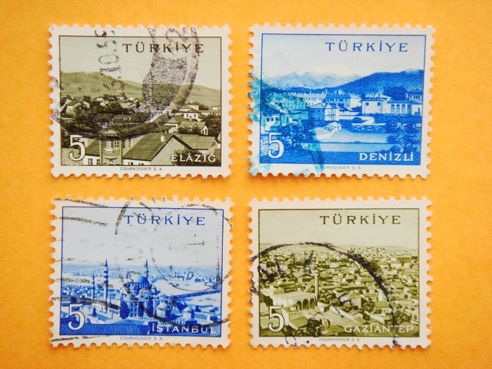 Turkish Postage Stamps 4 Turkish cities from different regions in monochrome collectible vintage