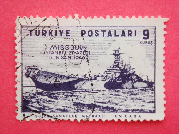 Turkish Postage Stamp with image drawing of USS Missouri on it collectible vintage