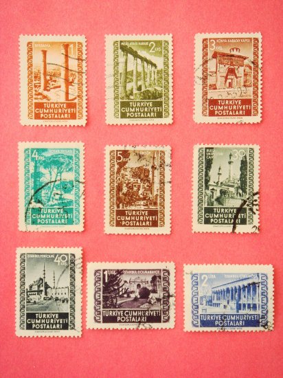 Turkish Postage Stamps 9 scenic historic locations depicted in various colors collectible vintage