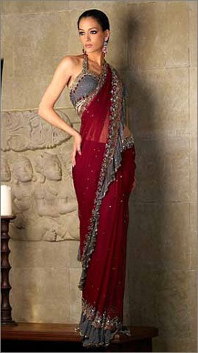 Maroon and Grey Sari