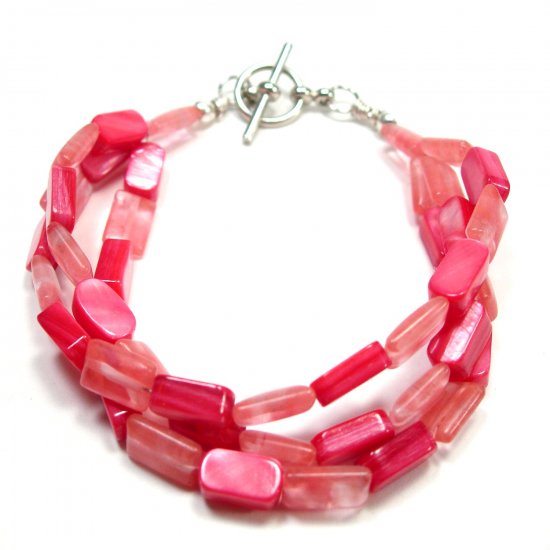 Triple Strand Mother of Pearl and Cherry Quartz Bracelet