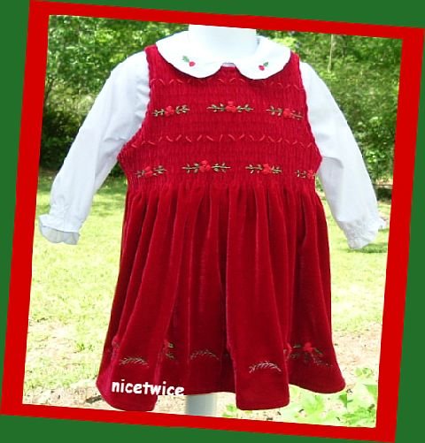 Christmas Greetings Girl Red Shirred Dress White Blouse Set 2T