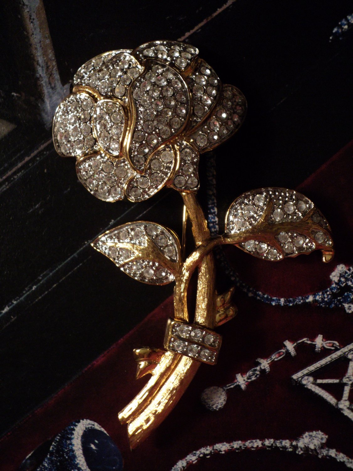 New Designer ROSE Floral Pave' BROACH PIN Large Jewel Womens 3 3/4"L Clear Gold UPC: