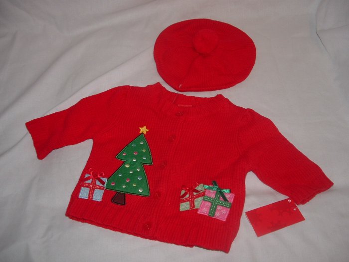 NWT Girl CHRISTMAS 2pc Cardigan Hat Sweater Set Sz 3 Mo