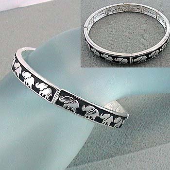 ELEPHANT THEME - BLACK WITH SILVER EMBOSSED ELEPHANTS - BRACELET
