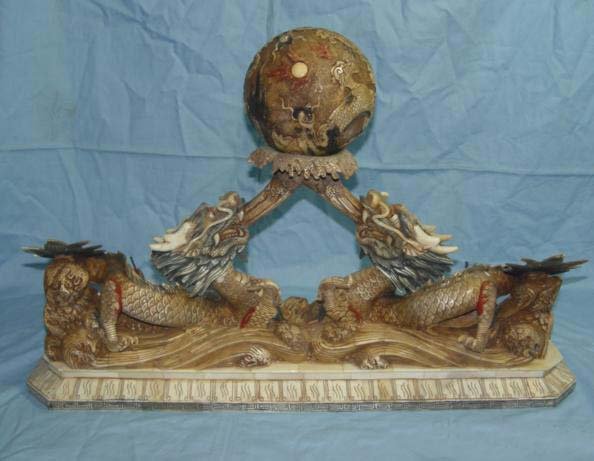 Nice Bone Carving Art Double Dragon Play Bead Figure