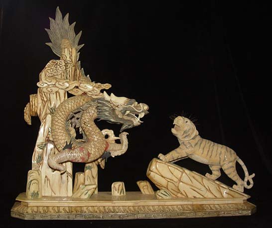 Nice Old Bone Carving Art Lucky Dragon Tiger Figure